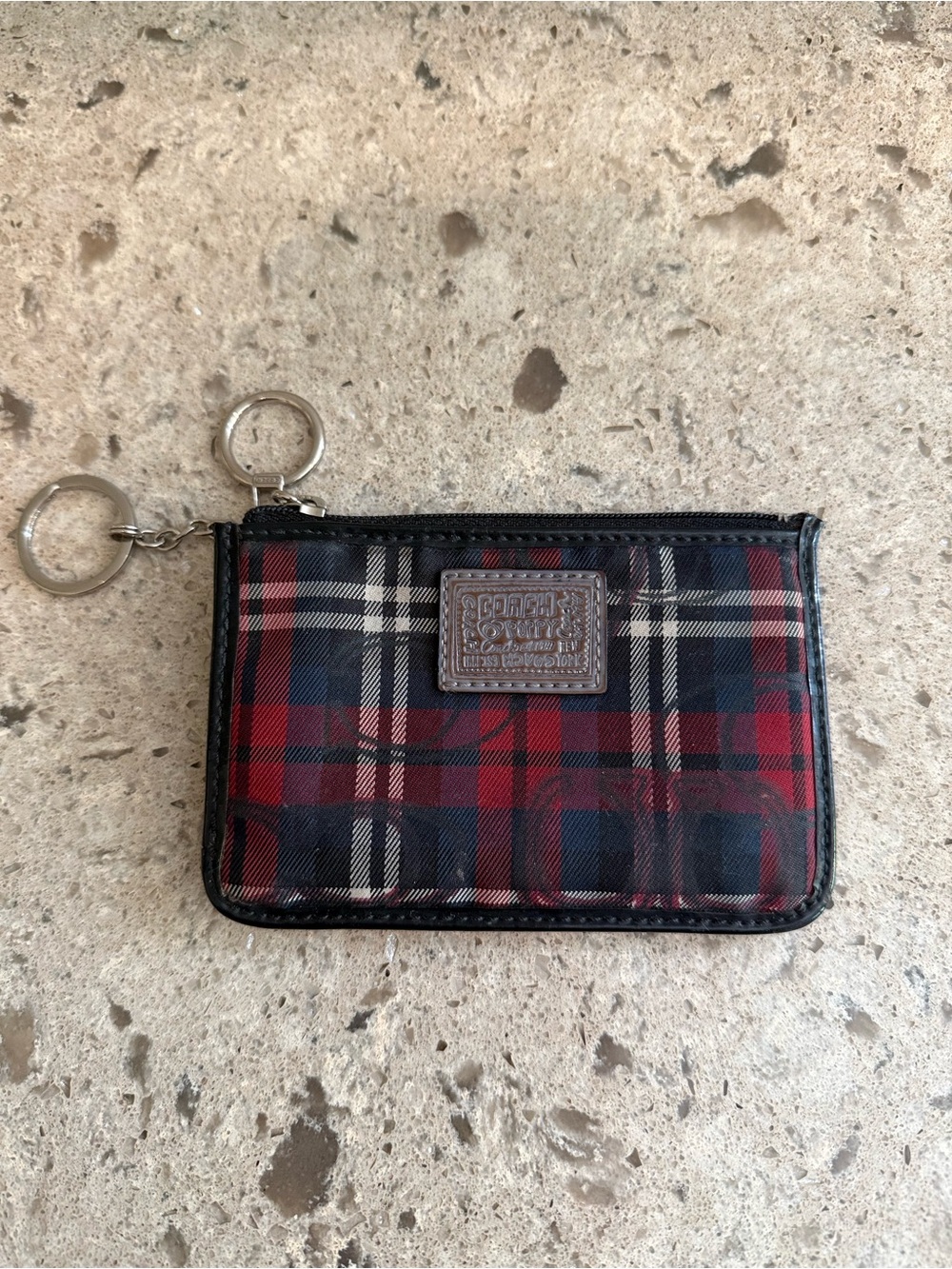 Coach Red and Black Plaid Zip Key Pouch